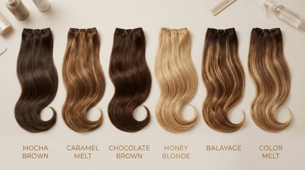 Die angesagtesten Haarfarben für Extensions 2026: Mocha Brown, Caramel Melt & Co.